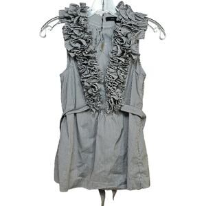 BCBGMAXAZRIA Ruffled V-Neck Sleeveless Blouse Women's XS Gray Back Tie Stretchy